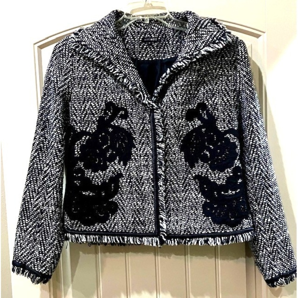 600 West Ladies Jacket Coat Size 12 Vintage Black & White Tweed w Fringed‎ Edge
